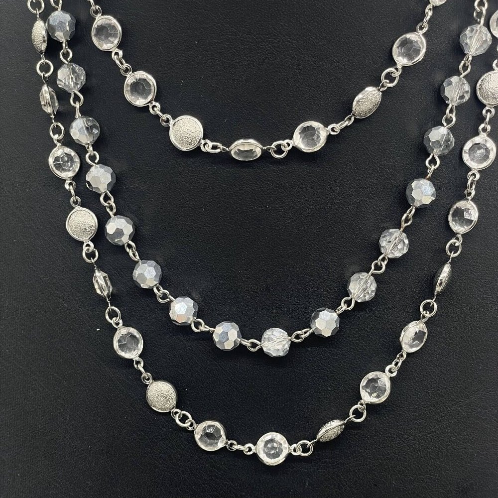 WHBM Triple Strand Crystal Clear Beaded Statement Necklace Silver Tone 18" - Picture 4 of 6